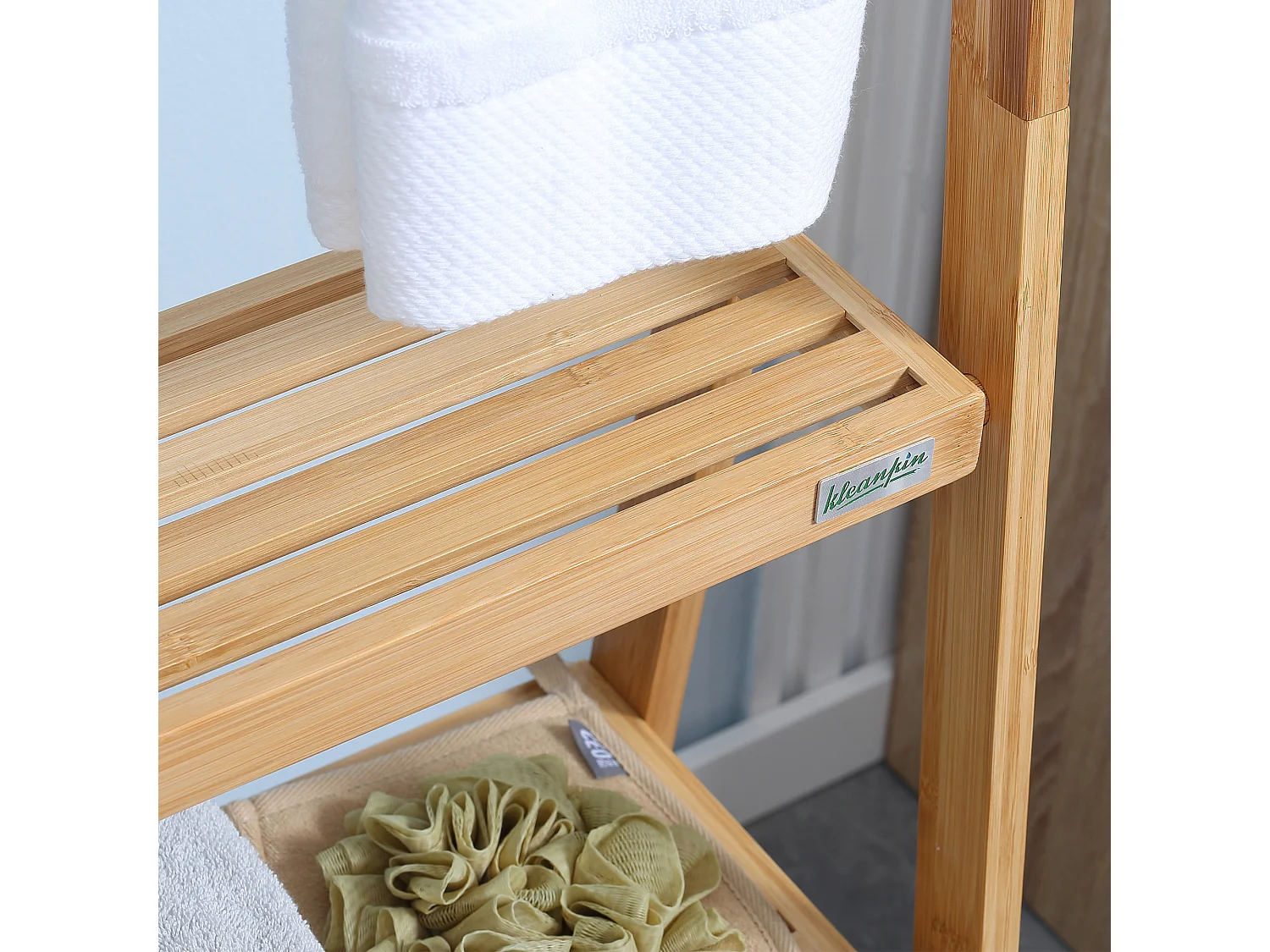 Portasciugamani bagno pieghevole con 3 barre e 3 ripiani in legno