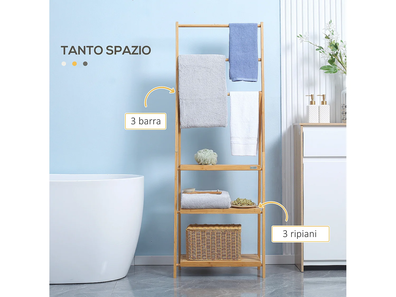 Portasciugamani bagno pieghevole con 3 barre e 3 ripiani in legno