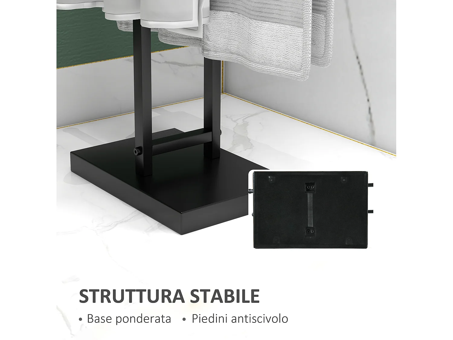 Porta asciugamani bagno da terra a T con 2 bracci in metallo nero
