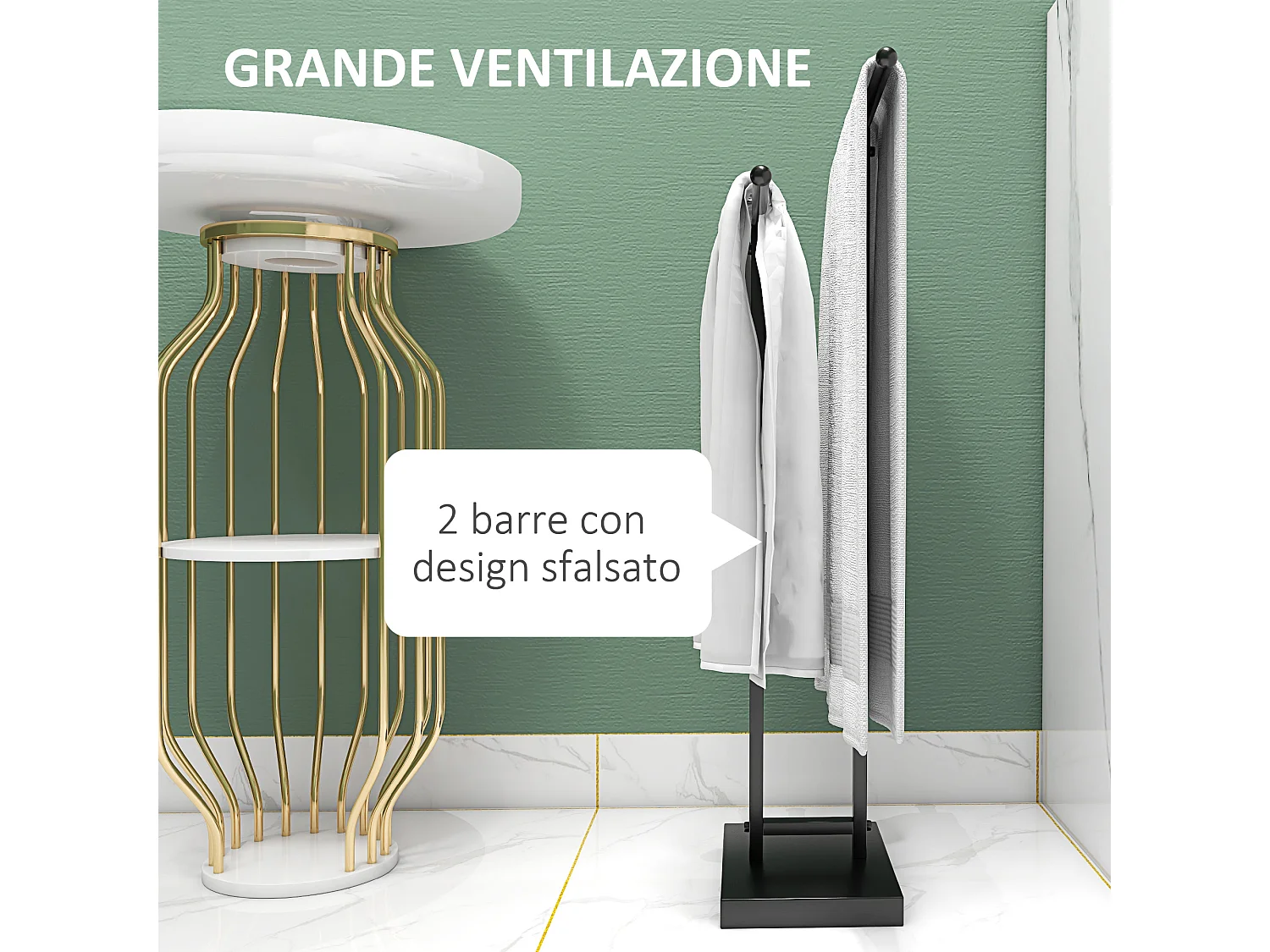 Porta asciugamani bagno da terra a T con 2 bracci in metallo nero