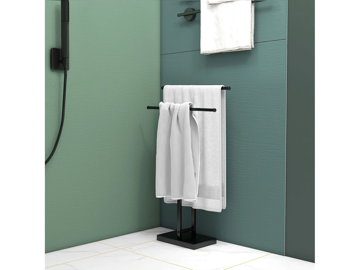 Porta asciugamani bagno da terra a T con 2 bracci in metallo nero