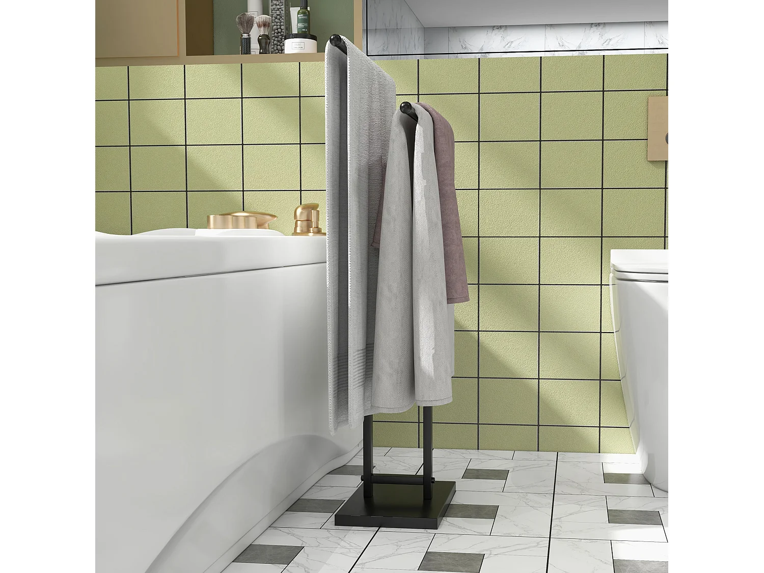 Porta asciugamani bagno da terra a T con 2 bracci in metallo nero