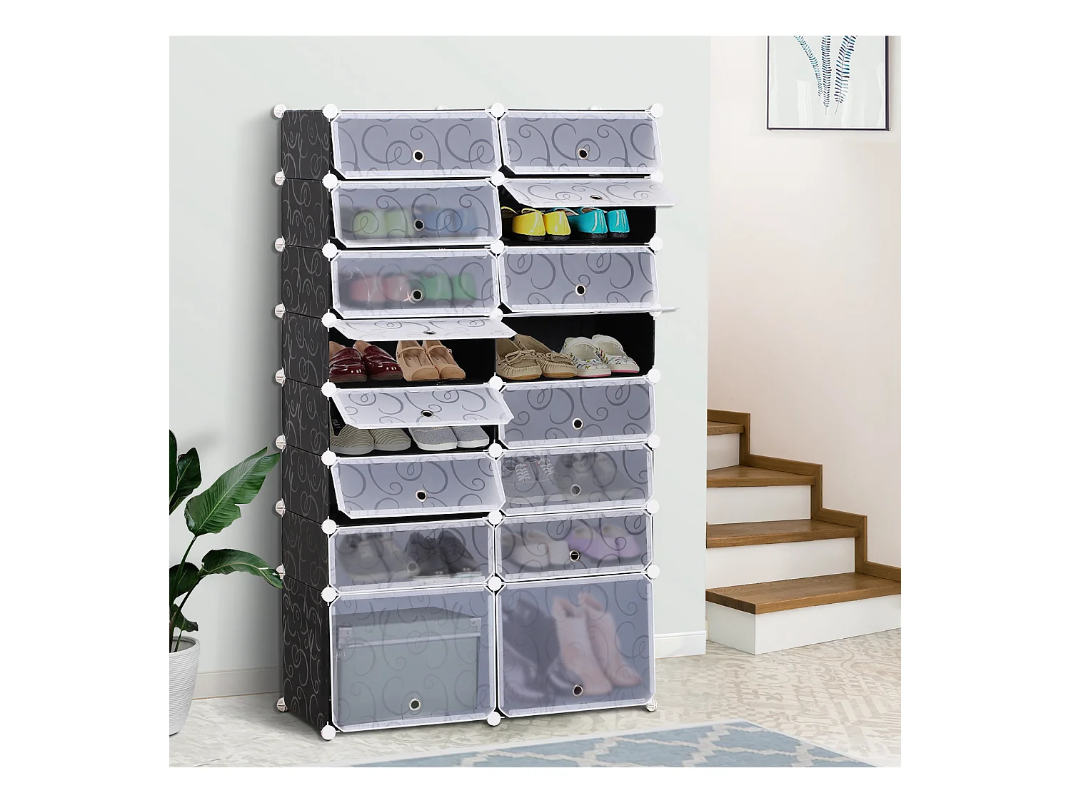 Guardaroba a cubi con 8 ripiani 2 righe in pp 95x37x160 cm bianco nero