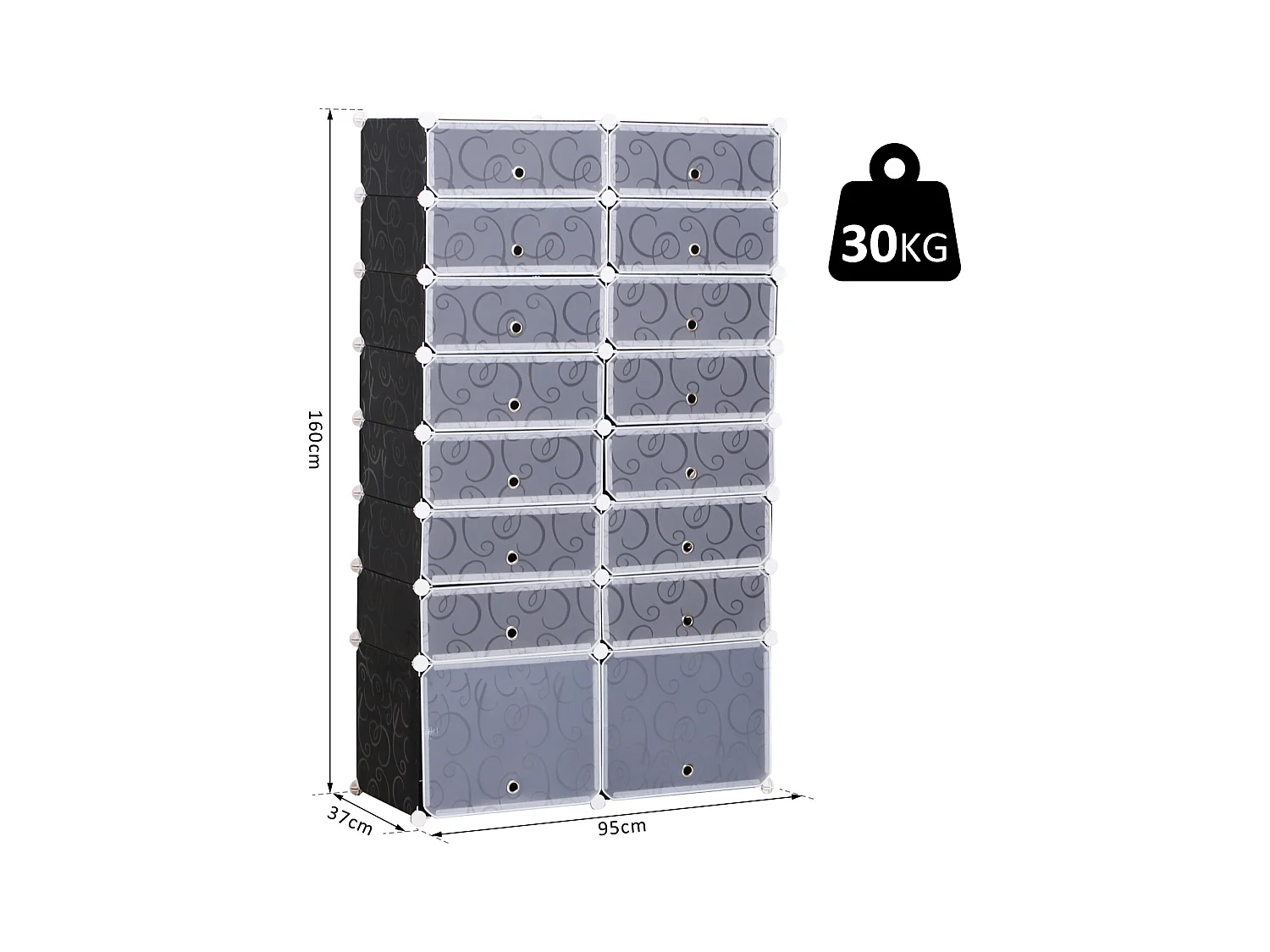 Guardaroba a cubi con 8 ripiani 2 righe in pp 95x37x160 cm bianco nero