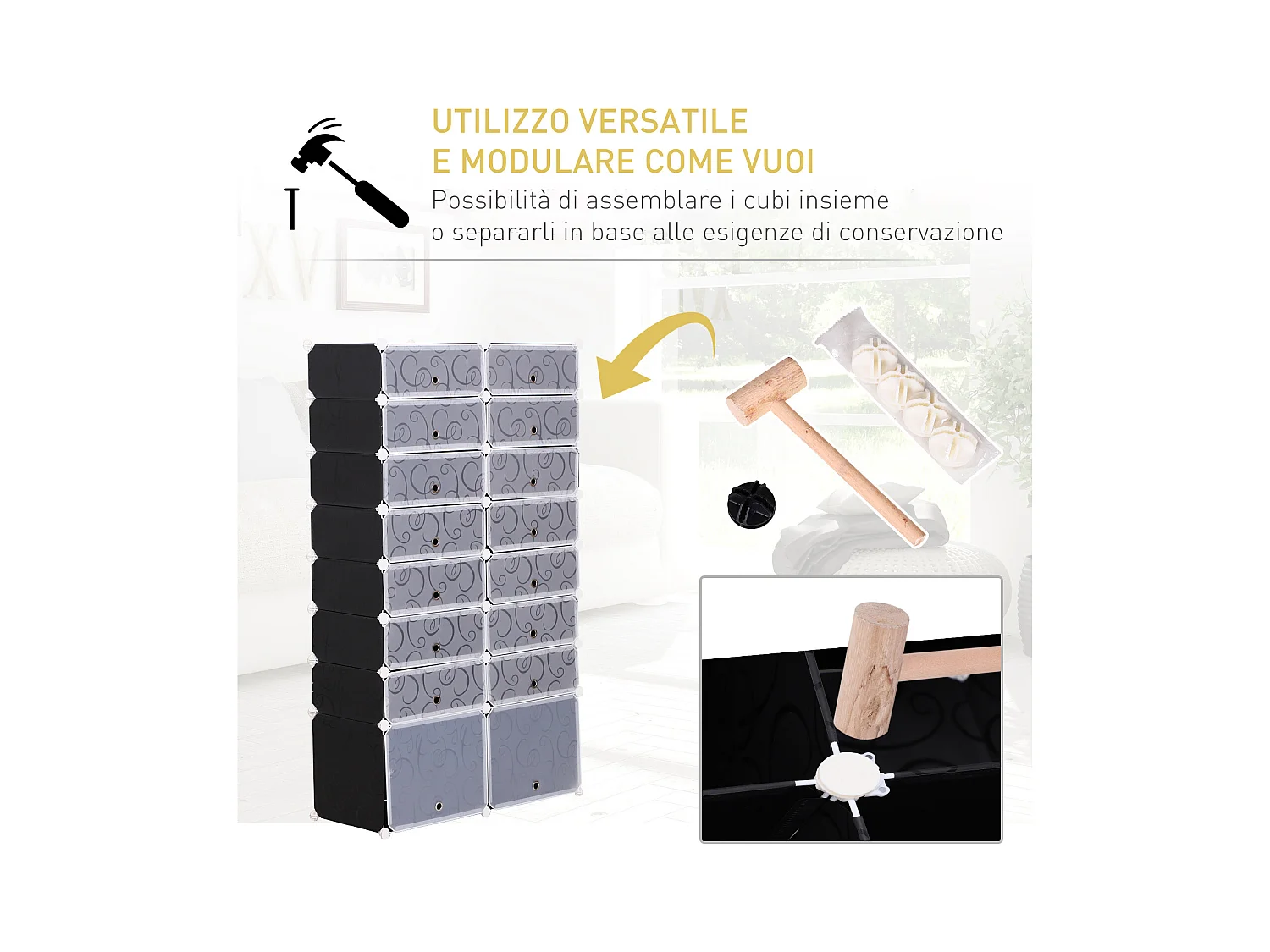 Guardaroba a cubi con 8 ripiani 2 righe in pp 95x37x160 cm bianco nero