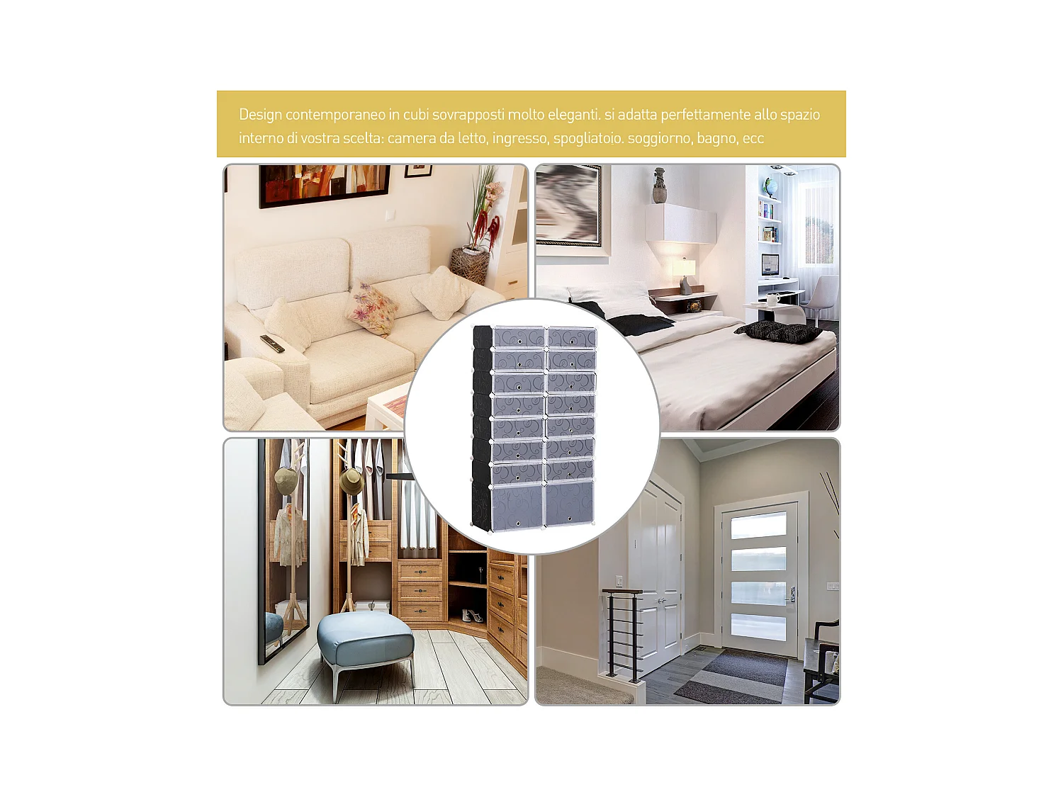 Guardaroba a cubi con 8 ripiani 2 righe in pp 95x37x160 cm bianco nero