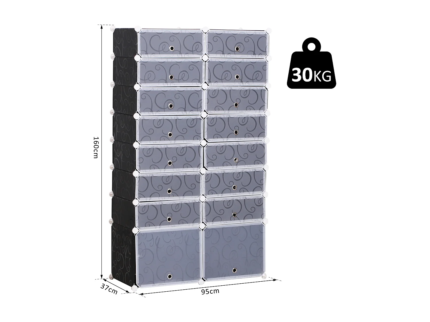 Guardaroba a cubi con 8 ripiani 2 righe in pp 95x37x160 cm bianco nero