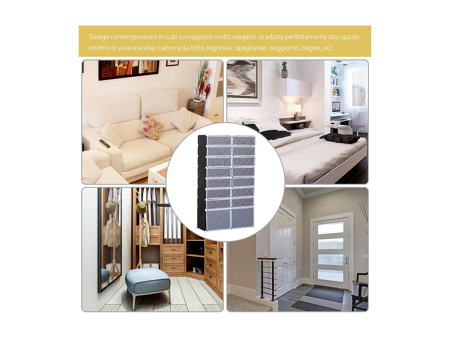 Guardaroba a cubi con 8 ripiani 2 righe in pp 95x37x160 cm bianco nero