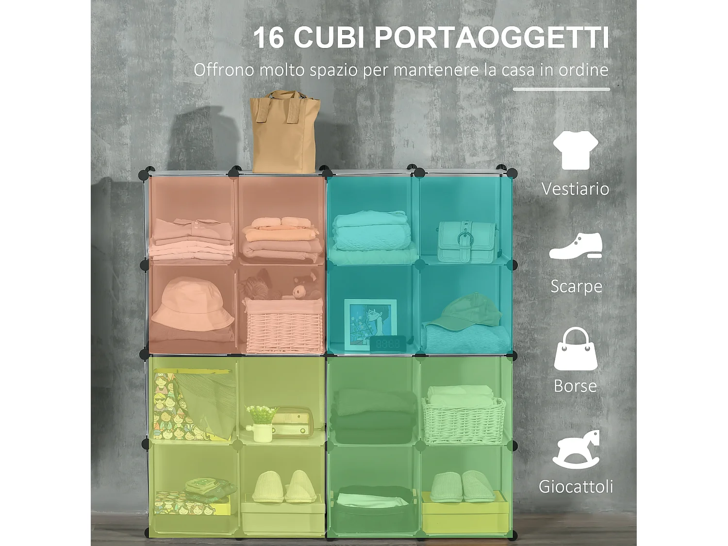 Mobile scarpiera modulabile salvaspazio 16 cubi in acciaio e pp