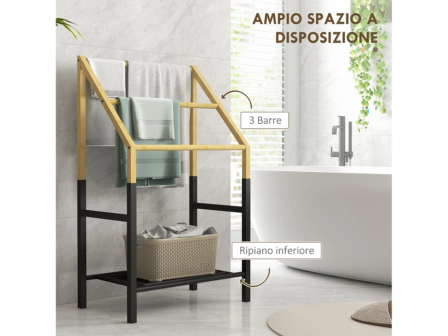 Portasciugamani con 3 barre e ripiano inferiore in bambù e acciaio