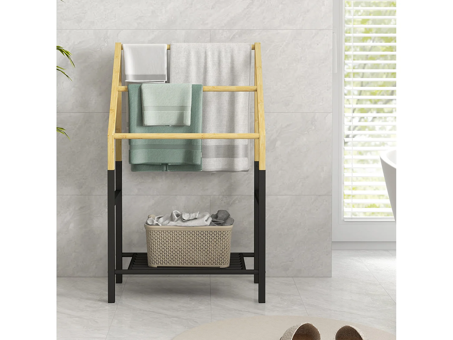 Portasciugamani con 3 barre e ripiano inferiore in bambù e acciaio