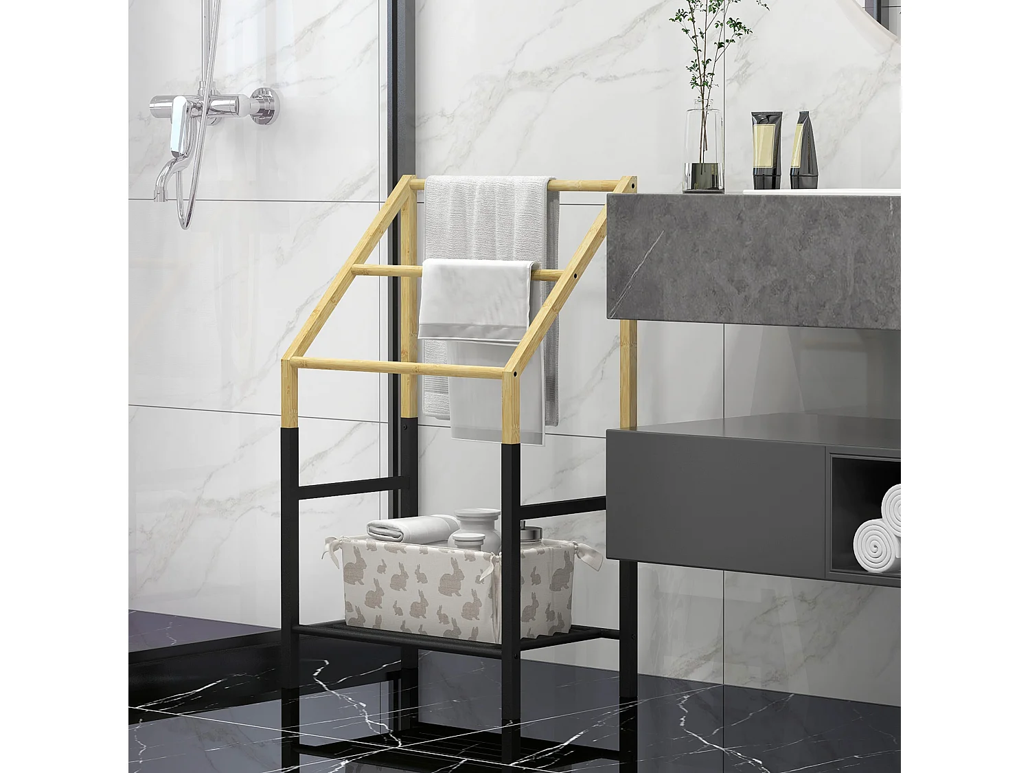 Portasciugamani con 3 barre e ripiano inferiore in bambù e acciaio