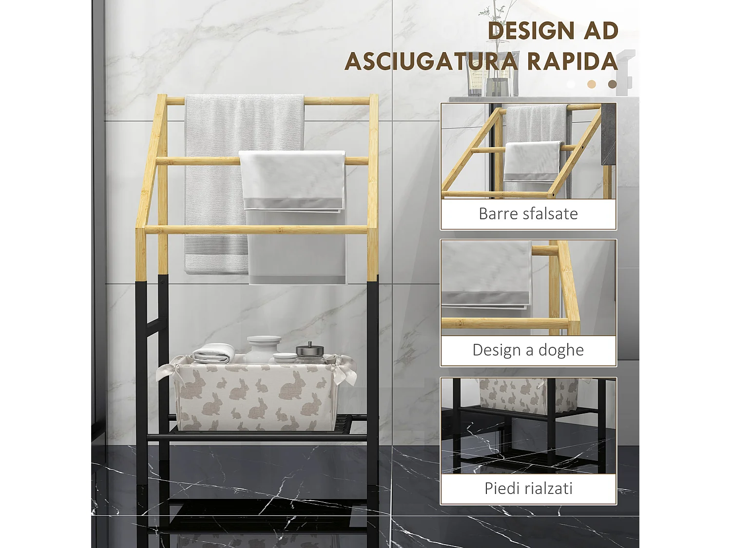 Portasciugamani con 3 barre e ripiano inferiore in bambù e acciaio