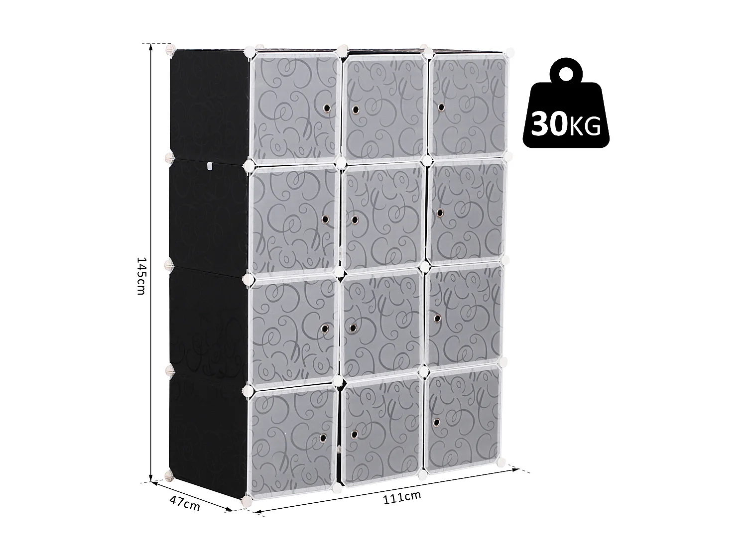 Armadio guardaroba modulare a cubi in pp 111x47x145 cm bianco nero