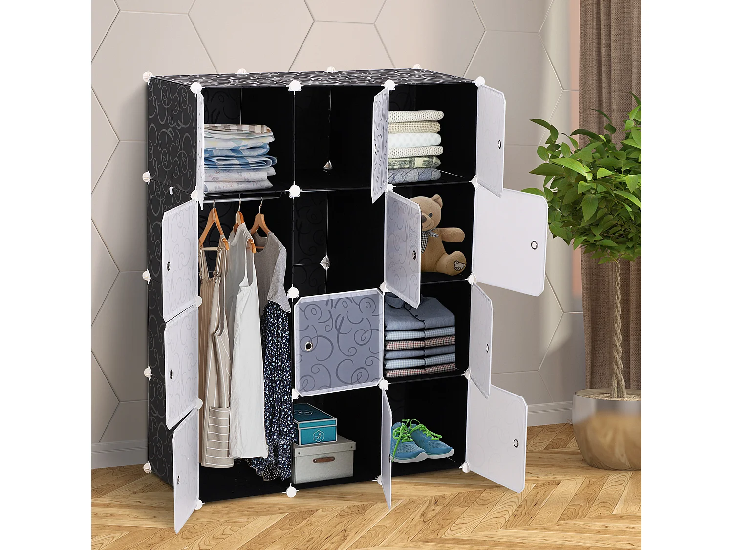 Armadio guardaroba modulare a cubi in pp 111x47x145 cm bianco nero