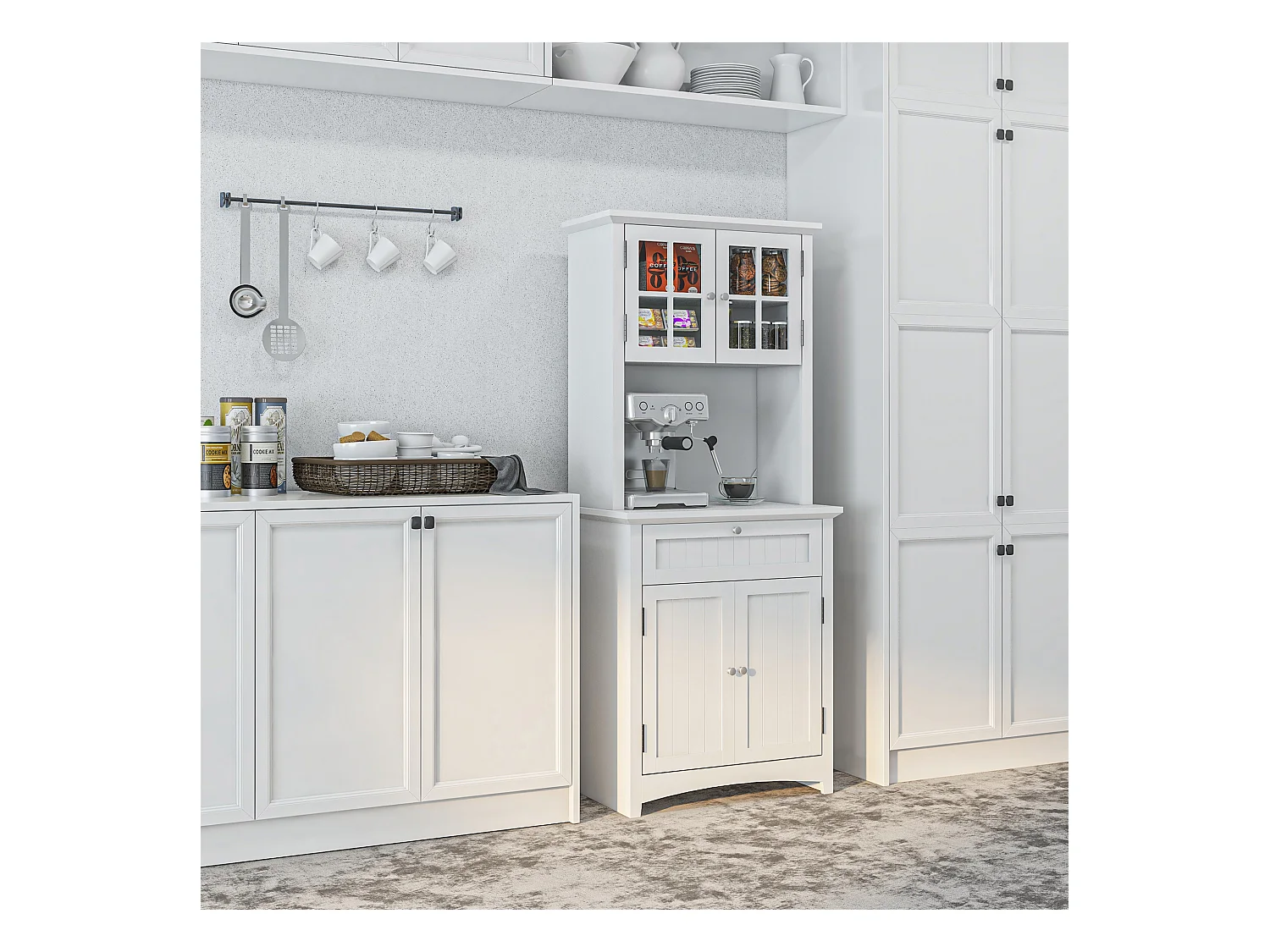 Mobile dispensa alto con armadietti ripiani e piano d'appoggio