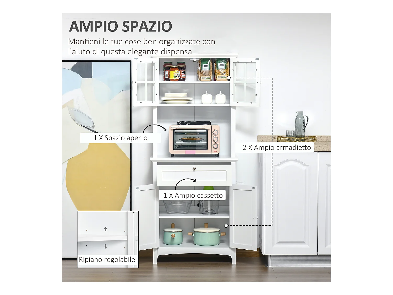 Mobile dispensa alto con armadietti ripiani e piano d'appoggio