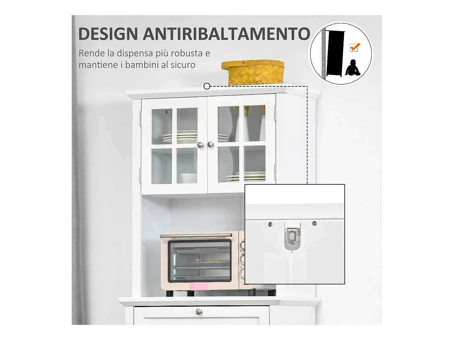 Mobile dispensa alto con armadietti ripiani e piano d'appoggio