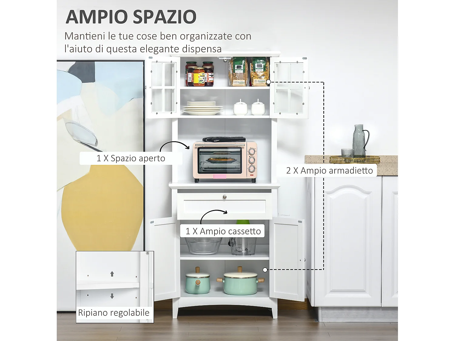 Mobile dispensa alto con armadietti ripiani e piano d'appoggio