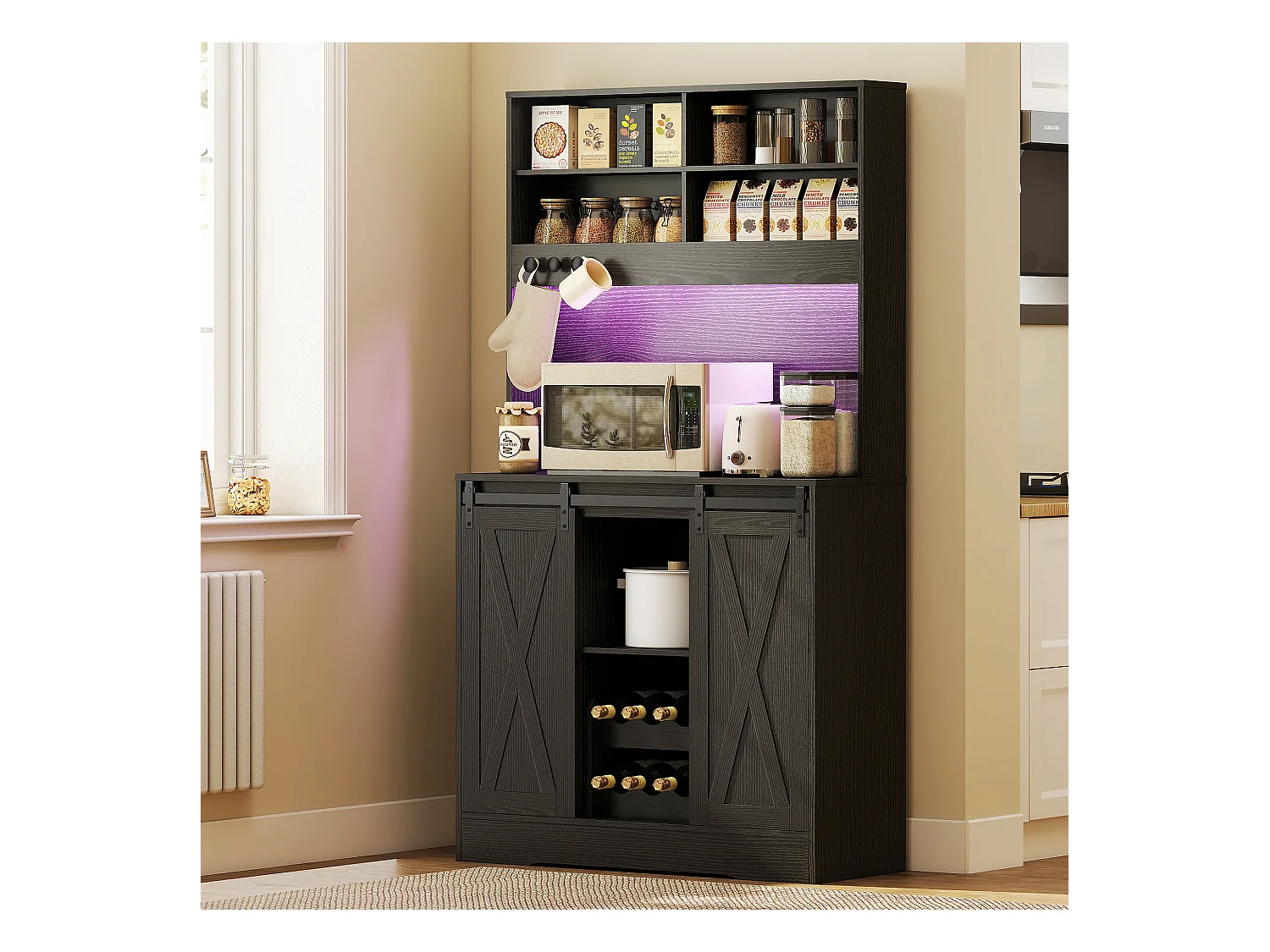 Credenza da cucina con portabottiglie prese elettriche e luci led nero