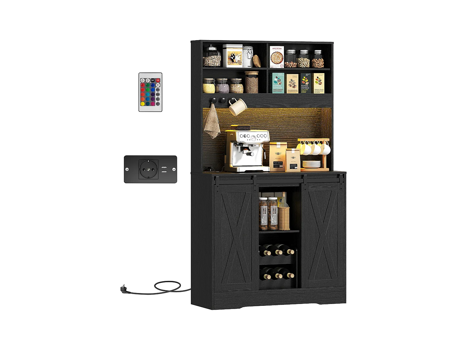Credenza da cucina con portabottiglie prese elettriche e luci led nero