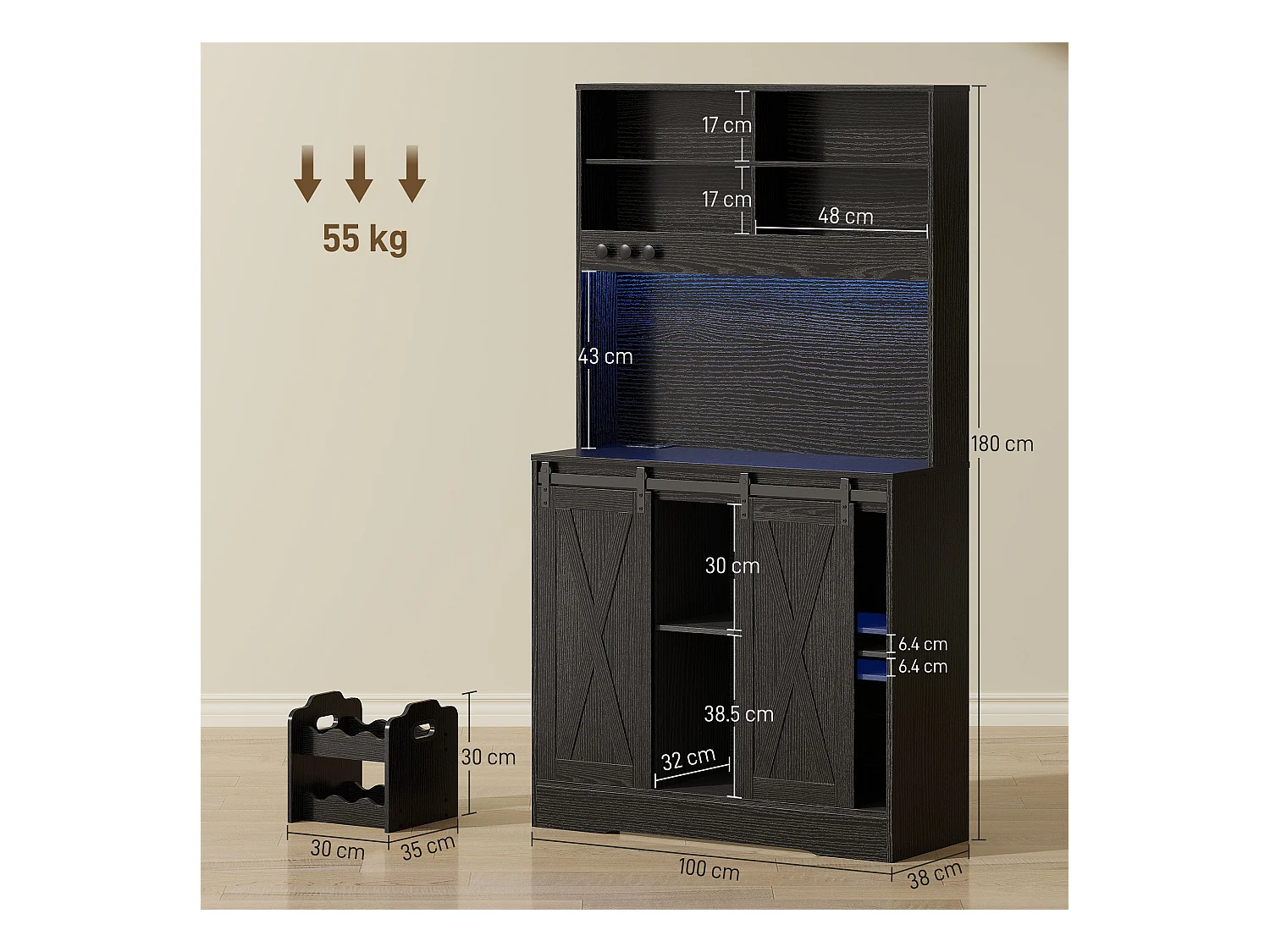 Credenza da cucina con portabottiglie prese elettriche e luci led nero