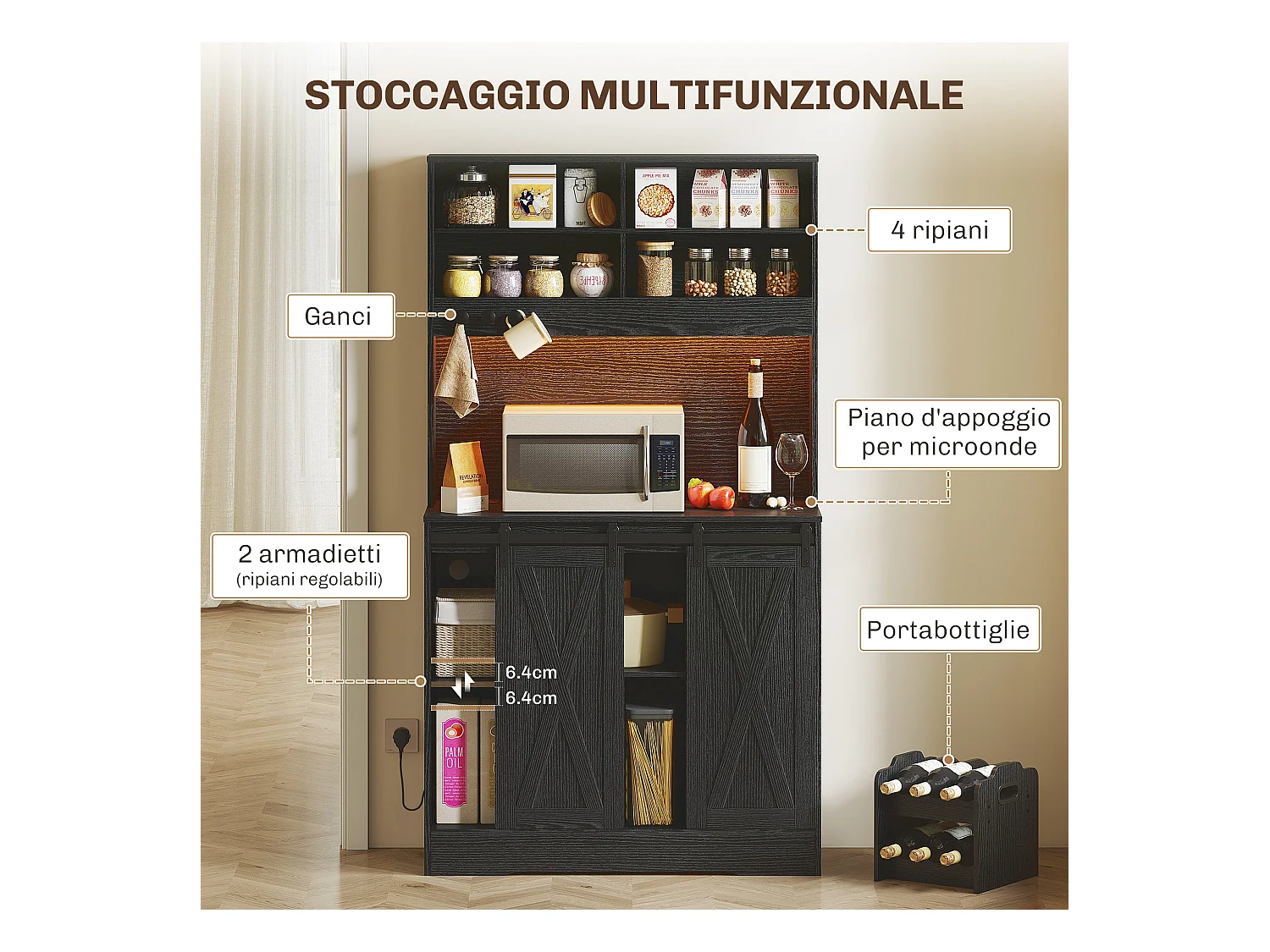 Credenza da cucina con portabottiglie prese elettriche e luci led nero