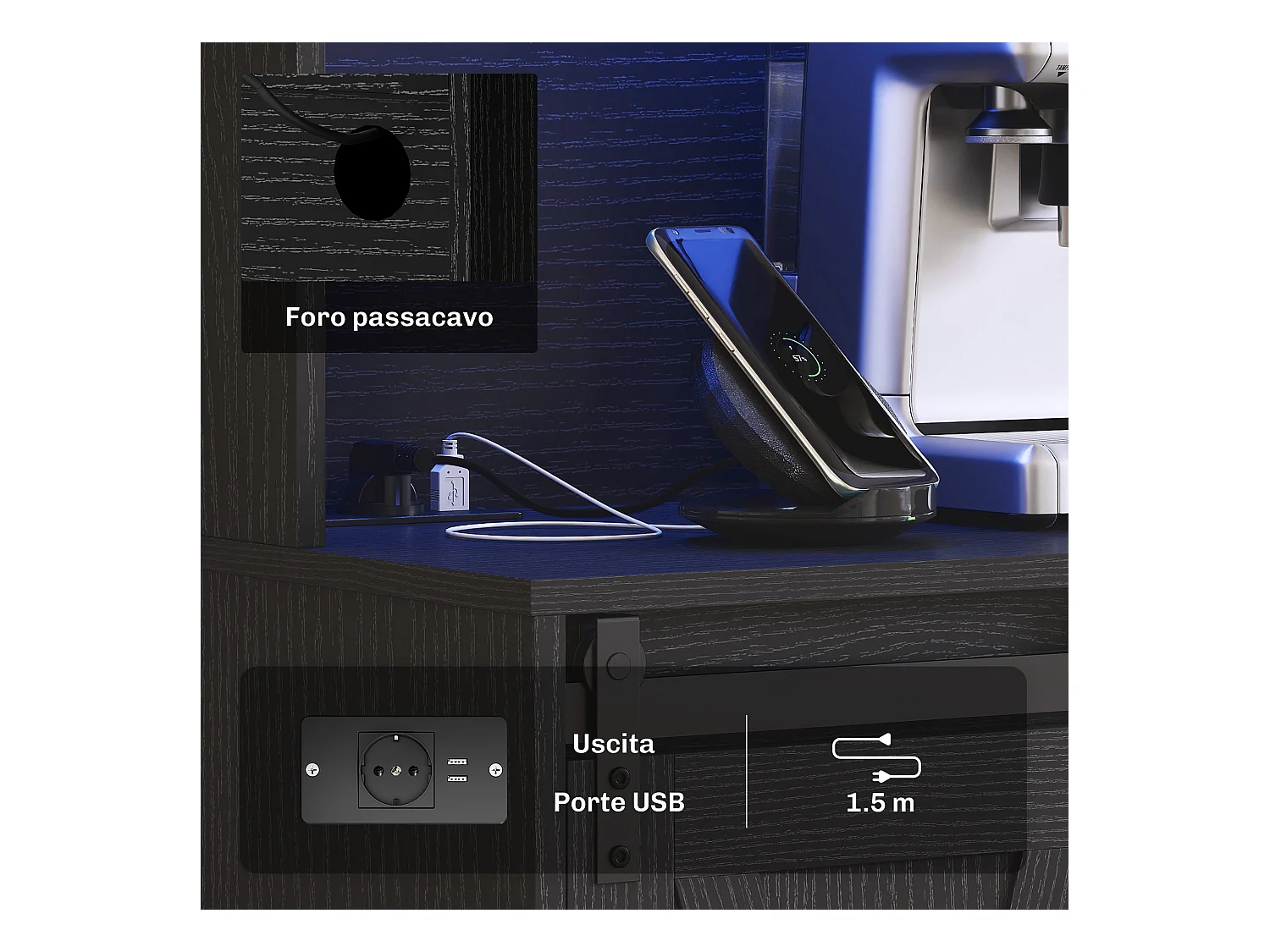 Credenza da cucina con portabottiglie prese elettriche e luci led nero