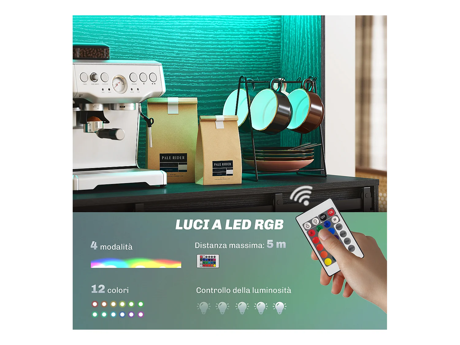 Credenza da cucina con portabottiglie prese elettriche e luci led nero