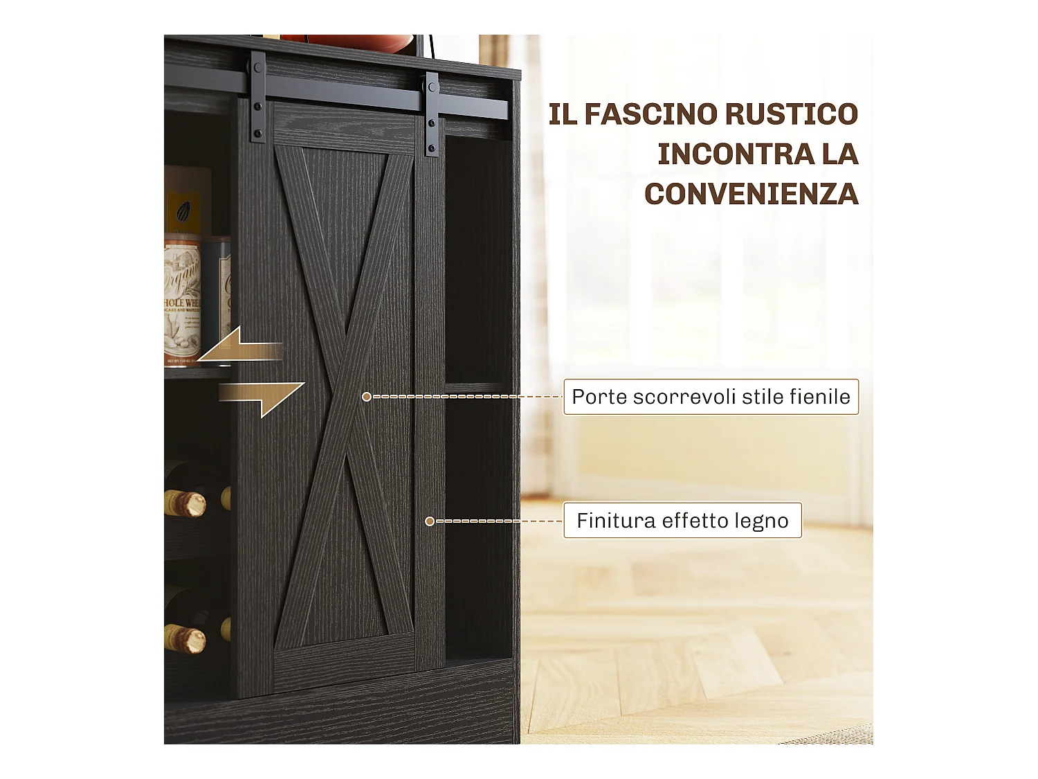 Credenza da cucina con portabottiglie prese elettriche e luci led nero