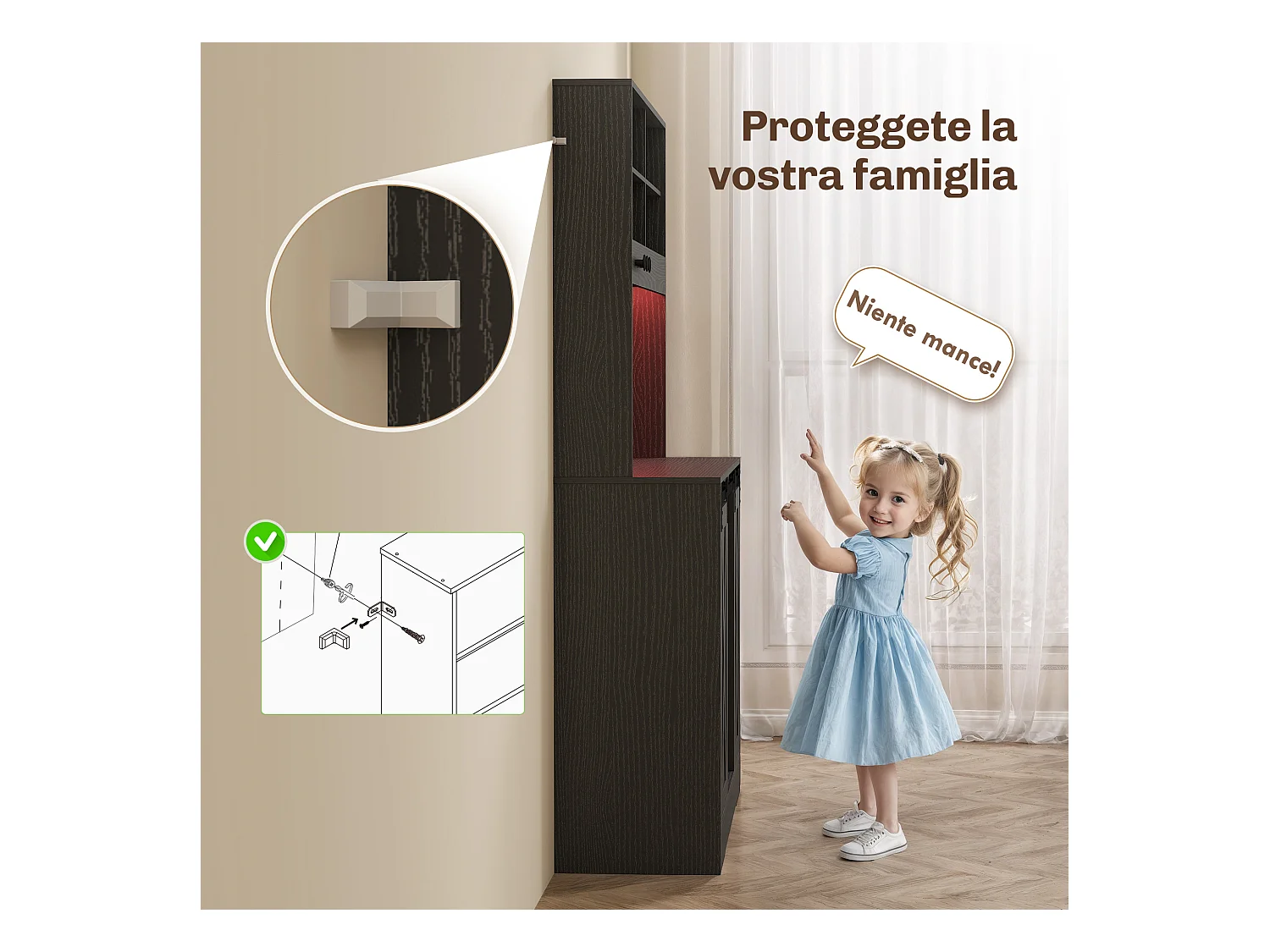 Credenza da cucina con portabottiglie prese elettriche e luci led nero
