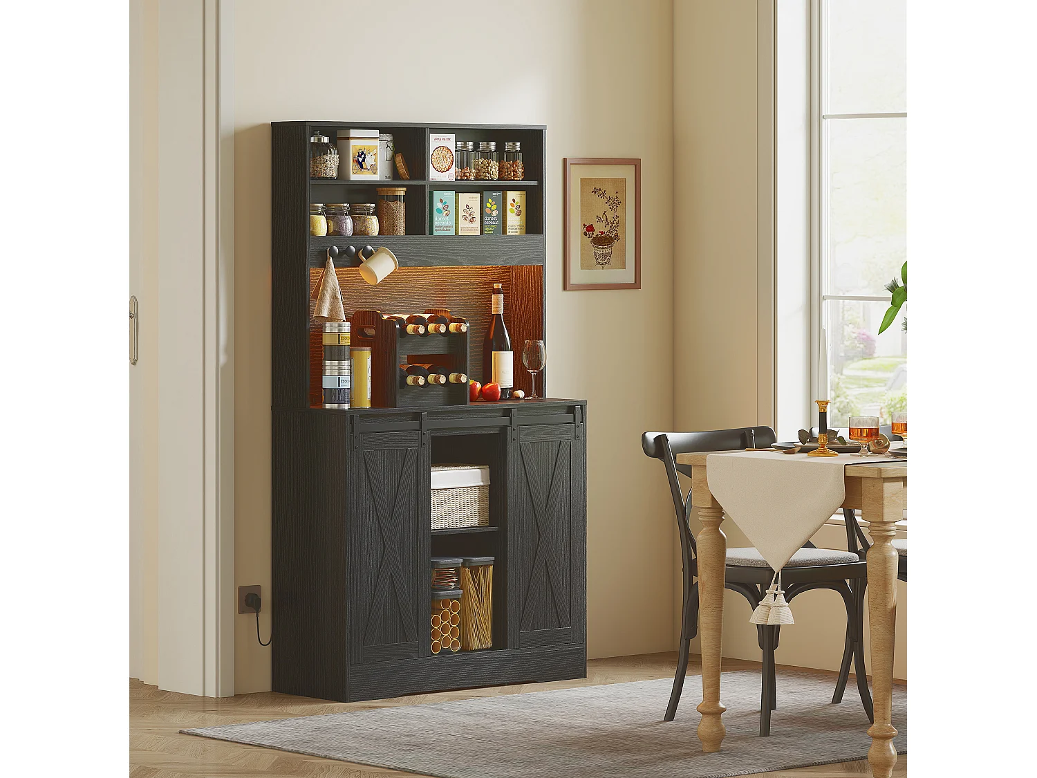 Credenza da cucina con portabottiglie prese elettriche e luci led nero