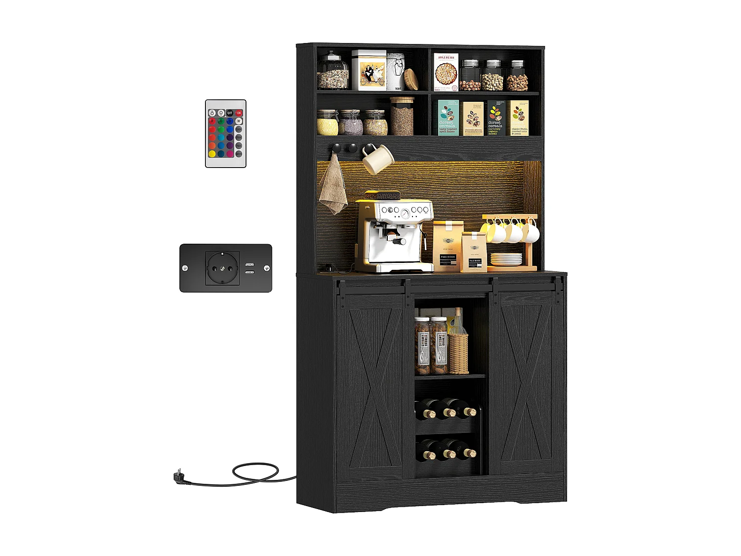 Credenza da cucina con portabottiglie prese elettriche e luci led nero
