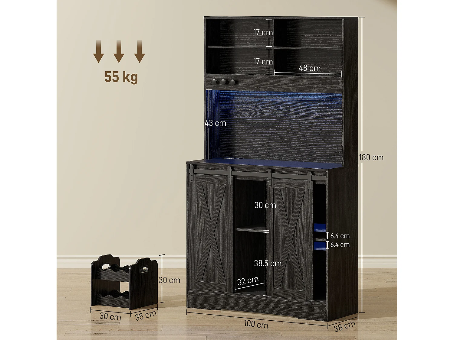 Credenza da cucina con portabottiglie prese elettriche e luci led nero