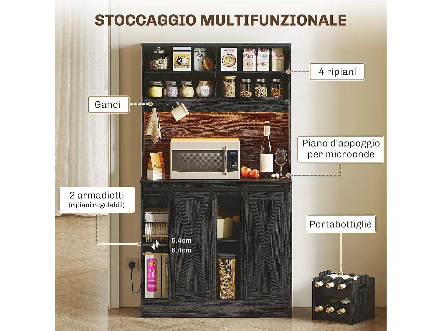 Credenza da cucina con portabottiglie prese elettriche e luci led nero