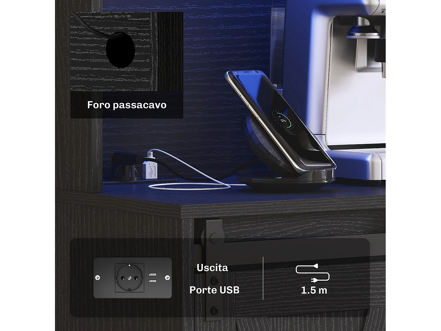 Credenza da cucina con portabottiglie prese elettriche e luci led nero