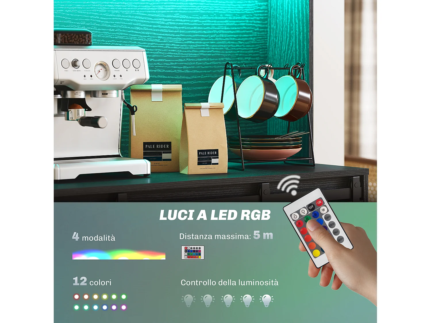 Credenza da cucina con portabottiglie prese elettriche e luci led nero