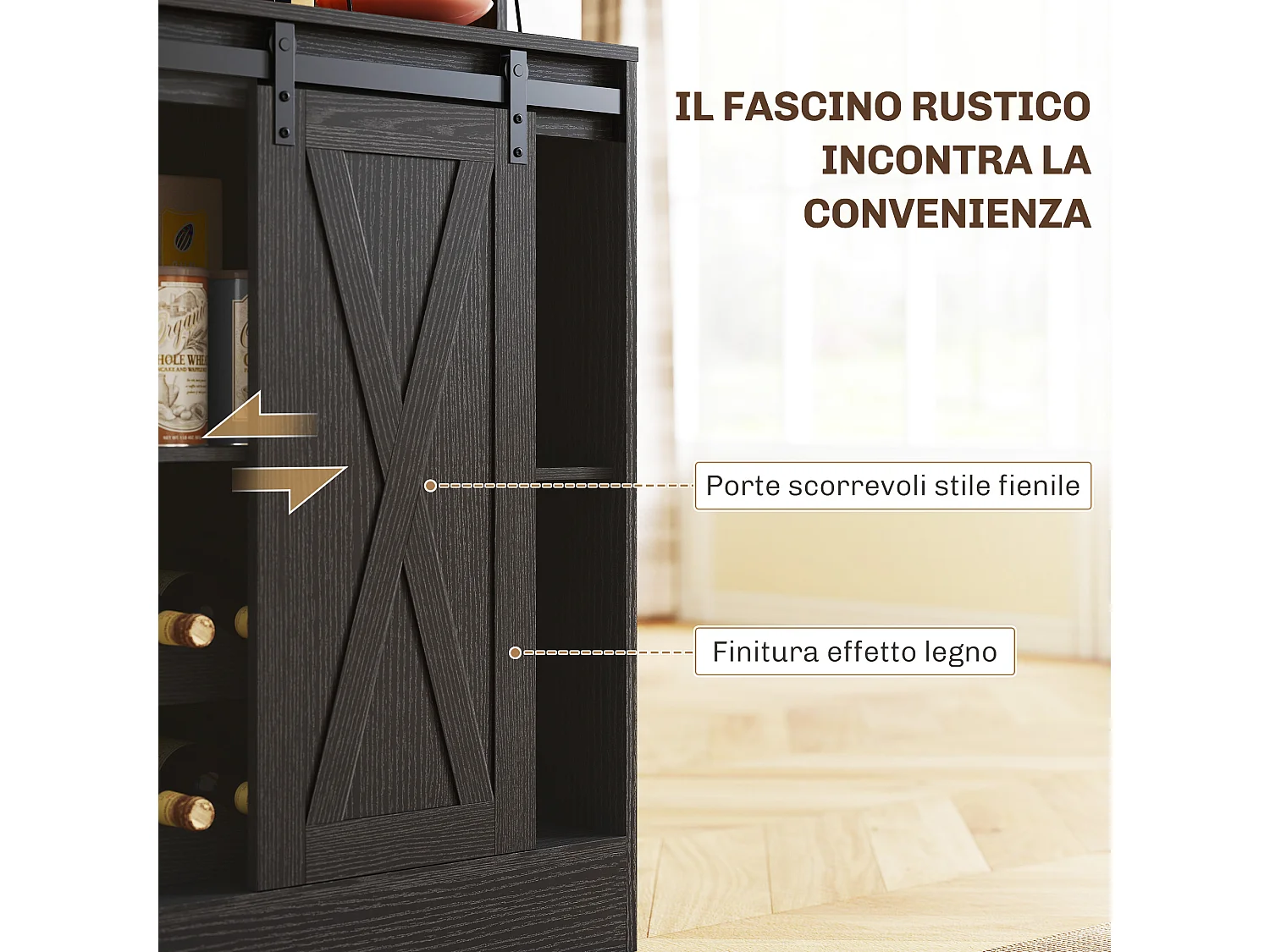 Credenza da cucina con portabottiglie prese elettriche e luci led nero
