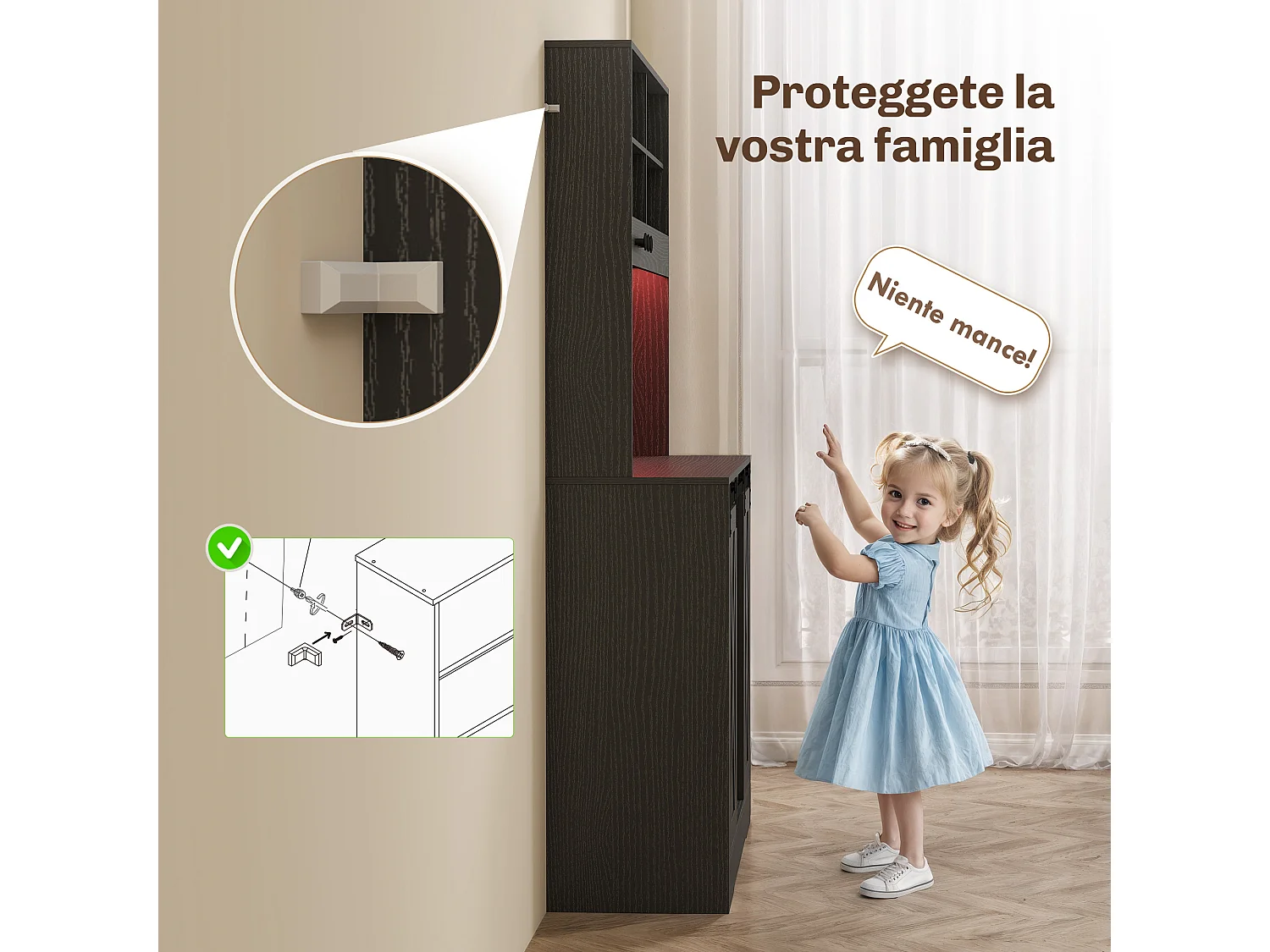 Credenza da cucina con portabottiglie prese elettriche e luci led nero
