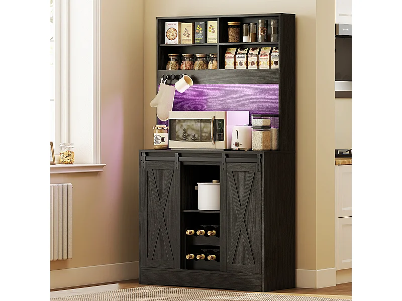 Credenza da cucina con portabottiglie prese elettriche e luci led nero