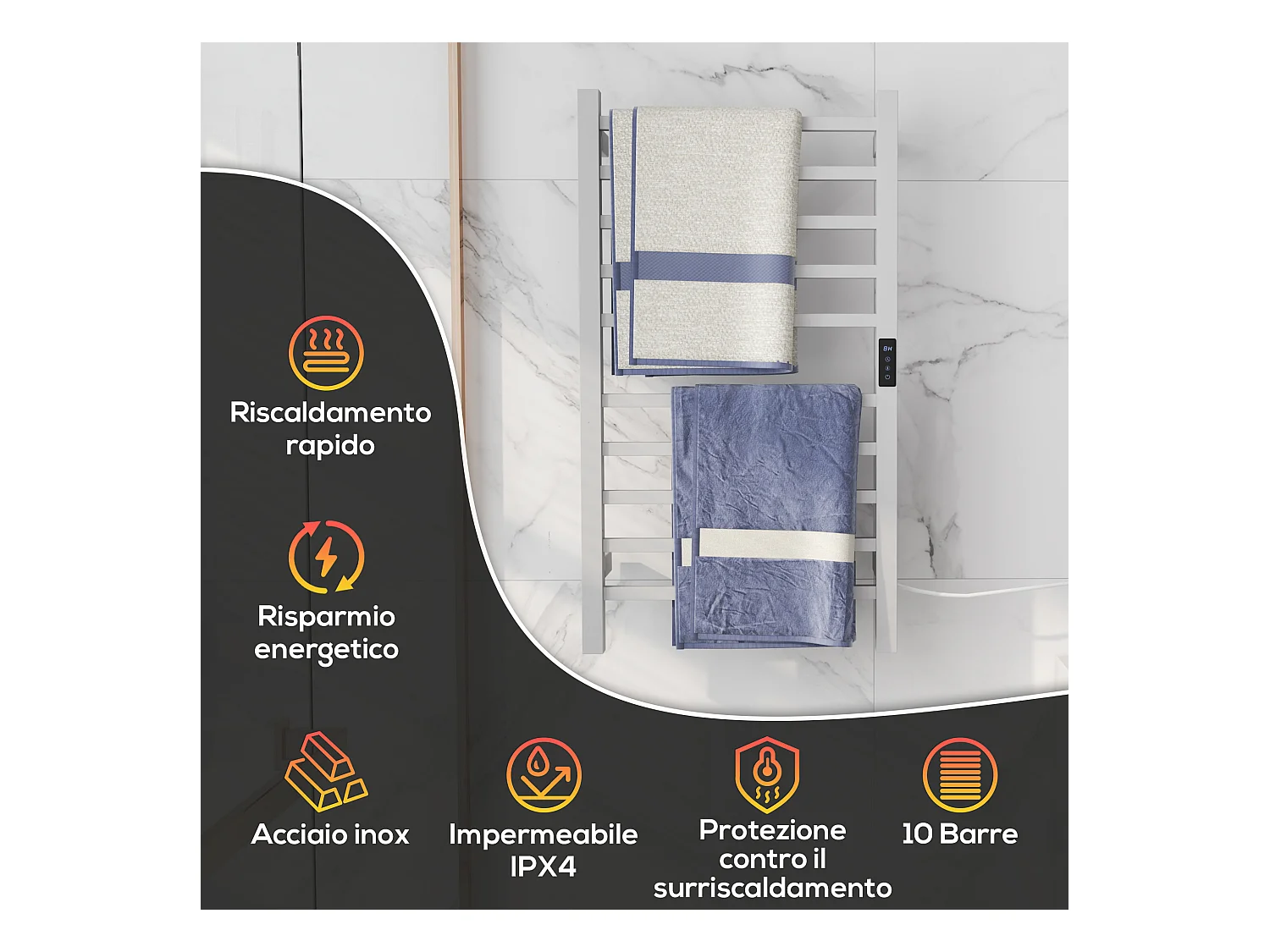 Scaldasalviette elettrico smart a 10 barre in acciaio bianco