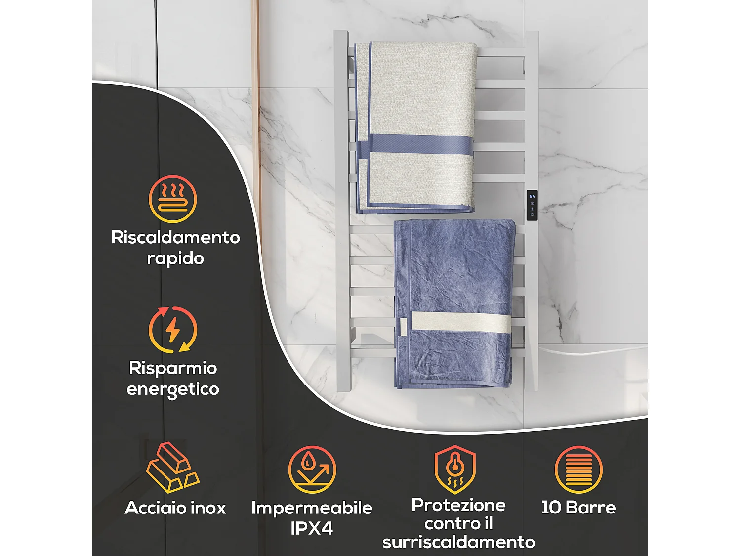 Scaldasalviette elettrico smart a 10 barre in acciaio bianco