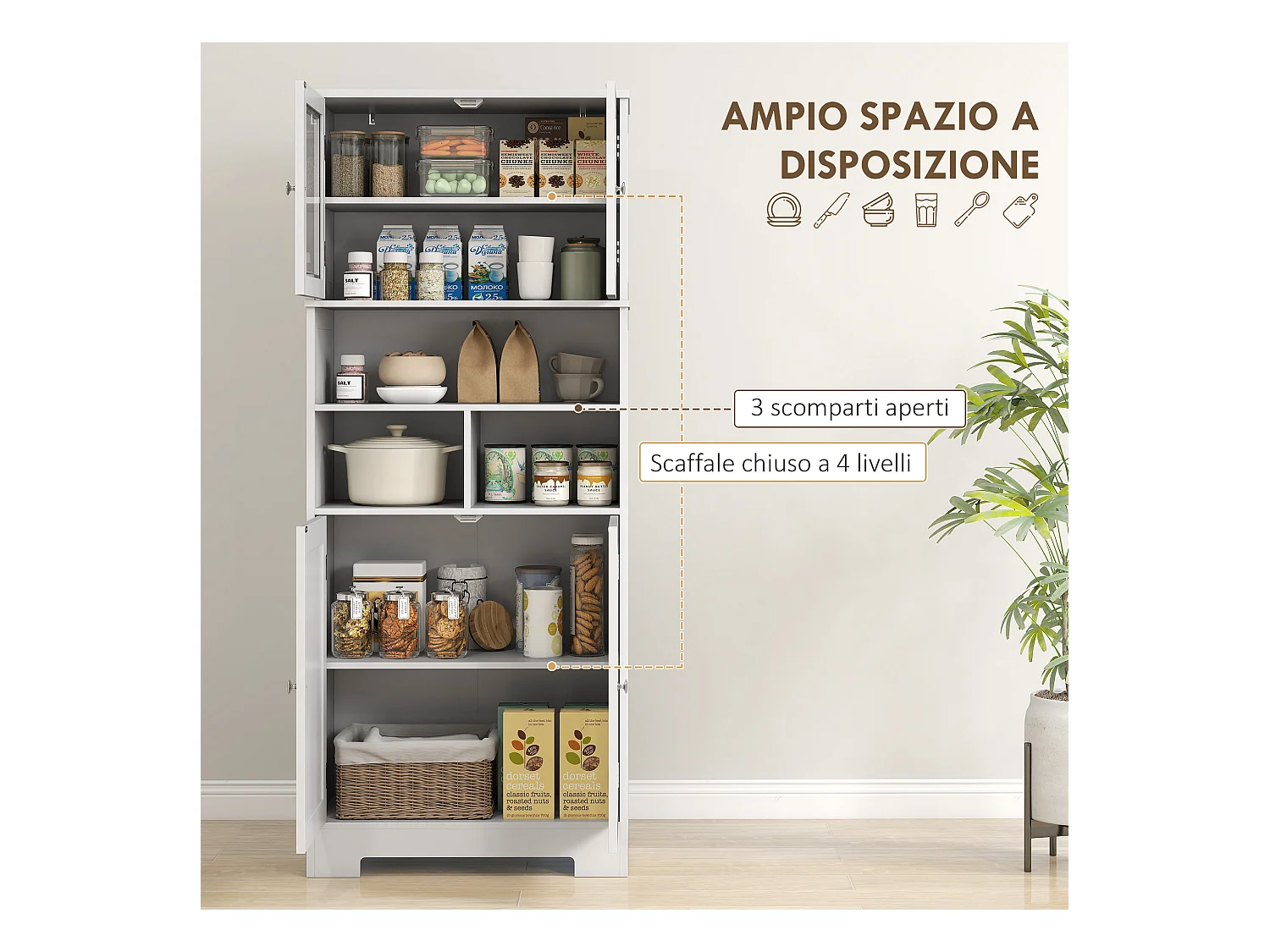 Credenza cucina con 2 armadietti e ripiani regolabili bianco