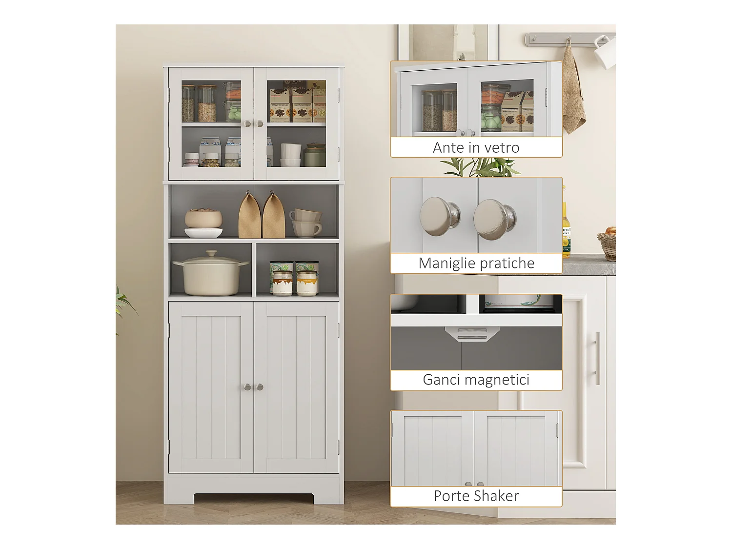 Credenza cucina con 2 armadietti e ripiani regolabili bianco