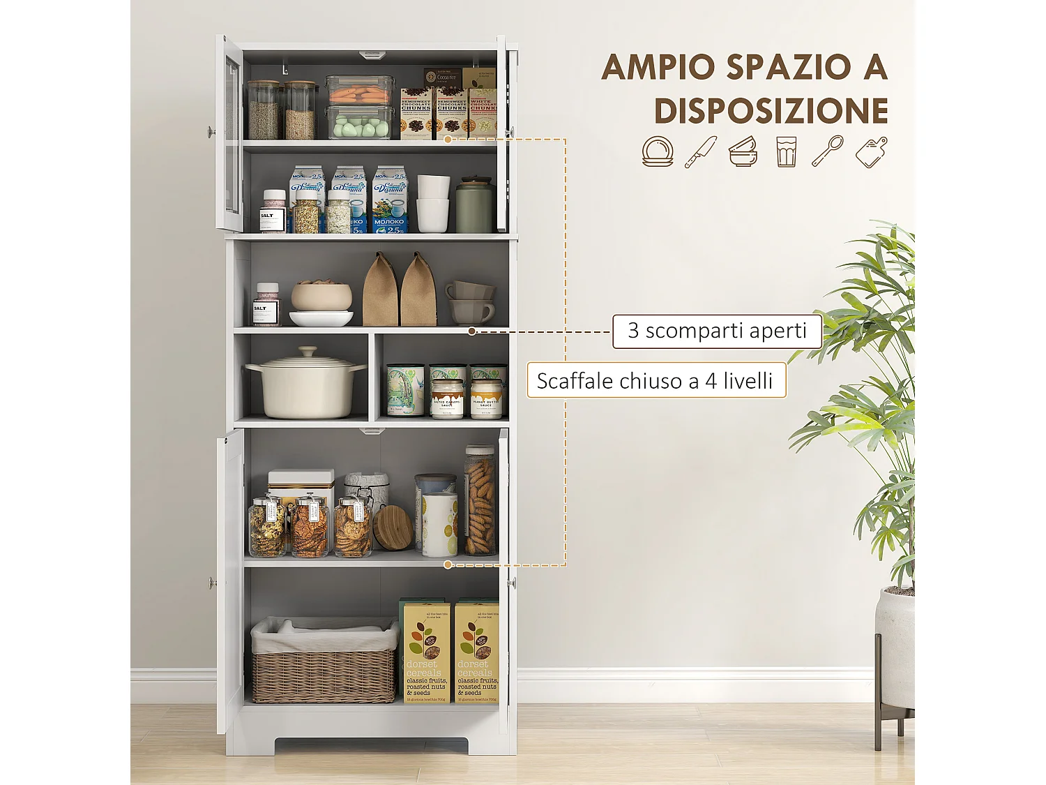 Credenza cucina con 2 armadietti e ripiani regolabili bianco