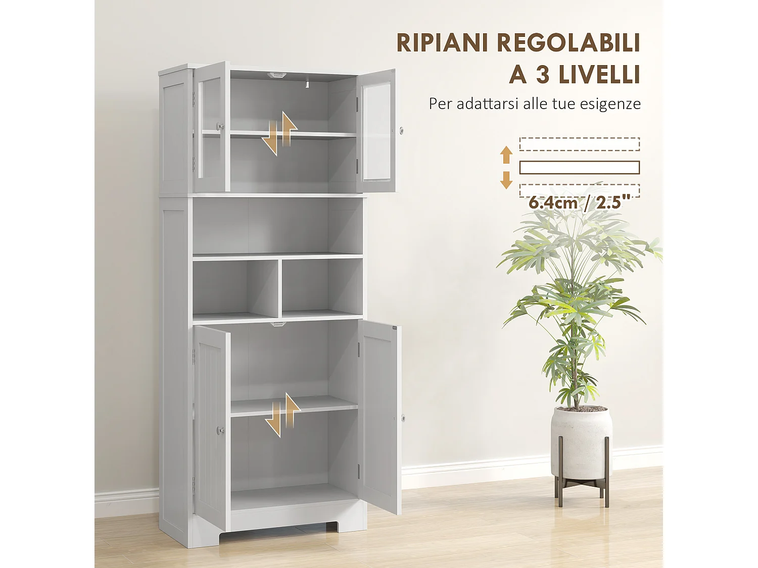 Credenza cucina con 2 armadietti e ripiani regolabili bianco
