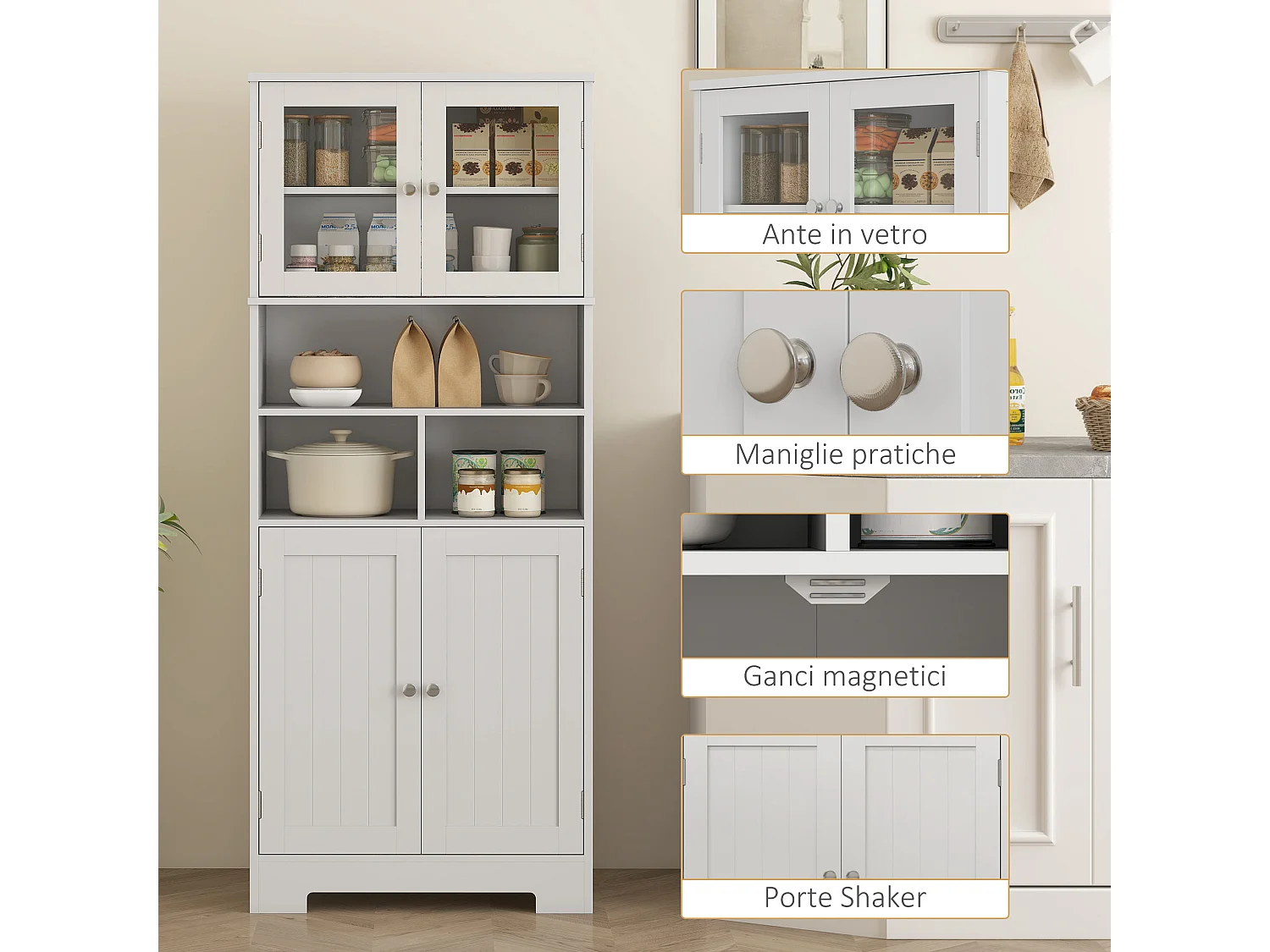 Credenza cucina con 2 armadietti e ripiani regolabili bianco