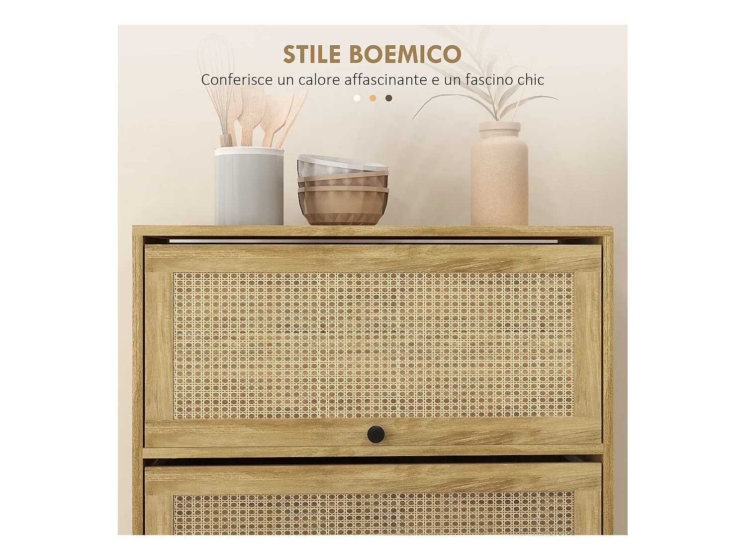 Mobile cucina stile boho con 4 ante a ribalta in truciolato e rattan
