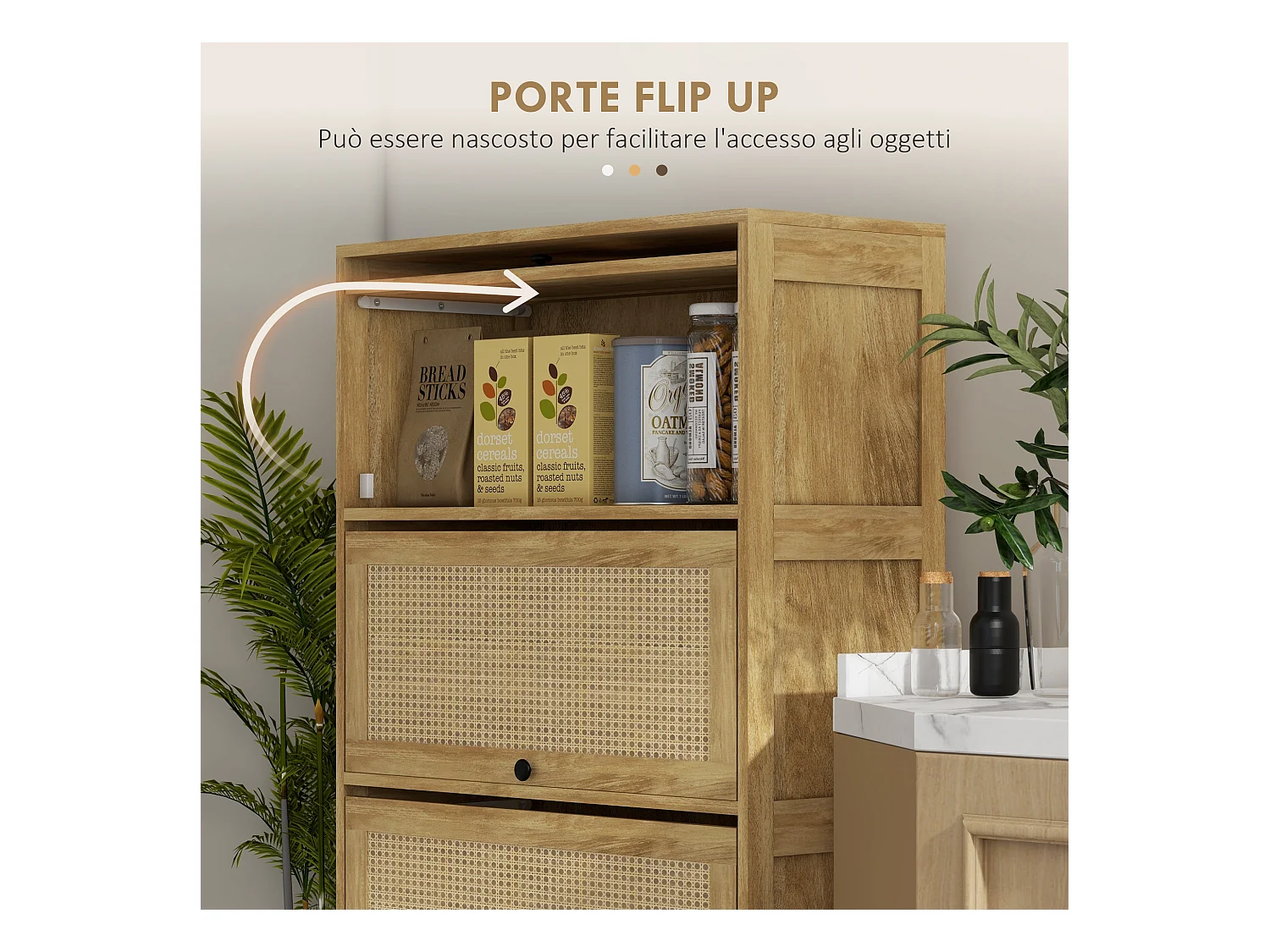 Mobile cucina stile boho con 4 ante a ribalta in truciolato e rattan