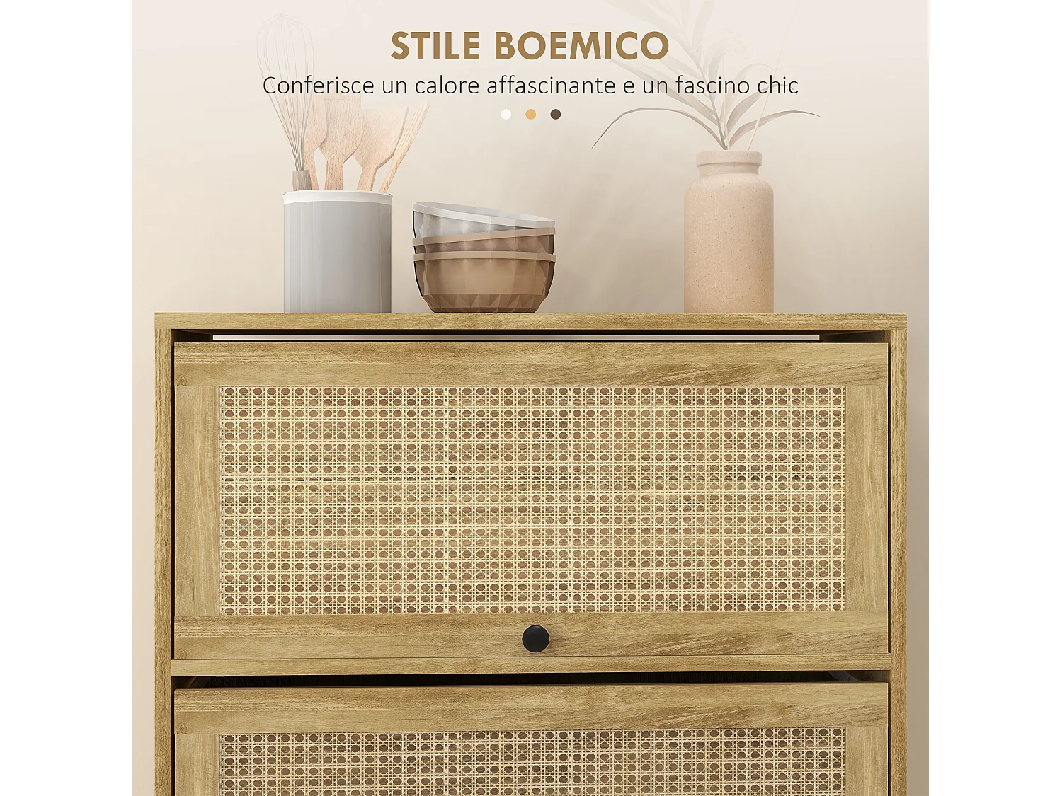 Mobile cucina stile boho con 4 ante a ribalta in truciolato e rattan